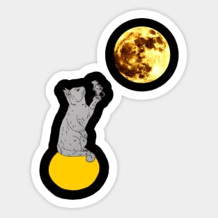 A cat catches a mouse in a moon Sticker